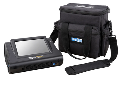 A LogiCube Falcon Neo2 device with a front display screen, shown next to its black carrying bag and a detachable shoulder strap.