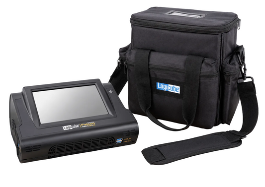 A LogiCube Falcon Neo2 device with a front display screen, shown next to its black carrying bag and a detachable shoulder strap.