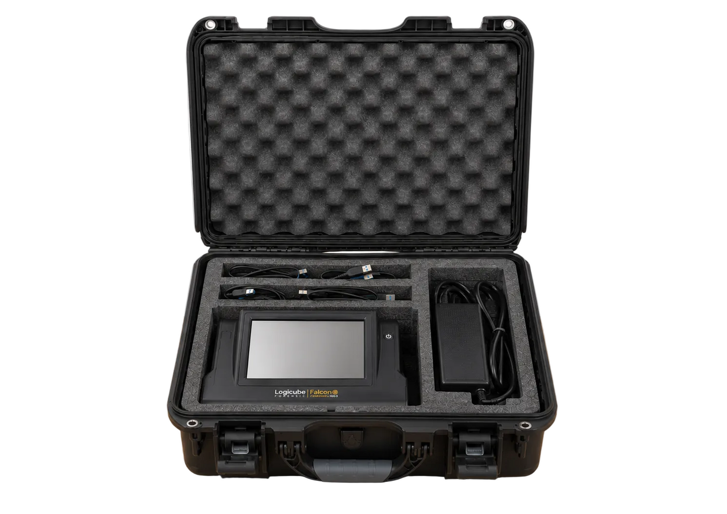 An open black hard carrying case, showing a Logicube Falcon-Neo2 imager, and attached cables and accessories arranged inside foam-lined compartments.