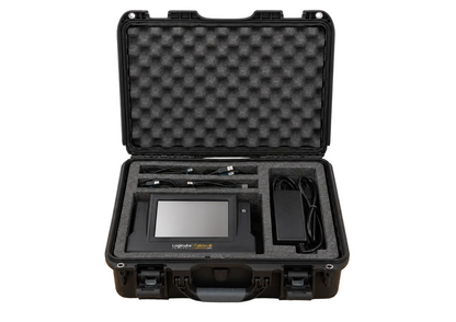 An open black hard carrying case, showing a Logicube Falcon-Neo2 imager, and attached cables and accessories arranged inside foam-lined compartments.