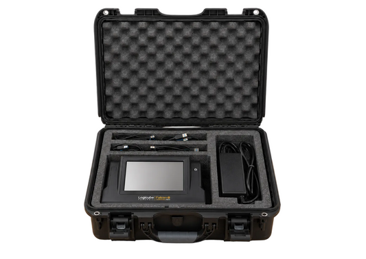 An open black hard carrying case, showing a Logicube Falcon-Neo2 imager, and attached cables and accessories arranged inside foam-lined compartments.